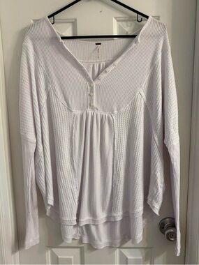Free People Ivory Waffle Knit Thermal Henley Top Boho Oversized XS